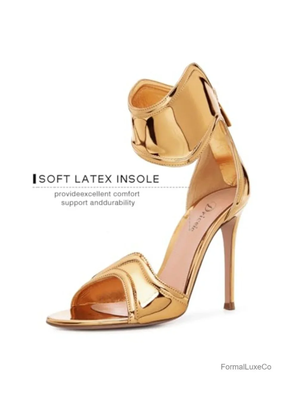 Metallic Open Toe Heeled Sandals with Back Zipper and Ankle Strap for Party